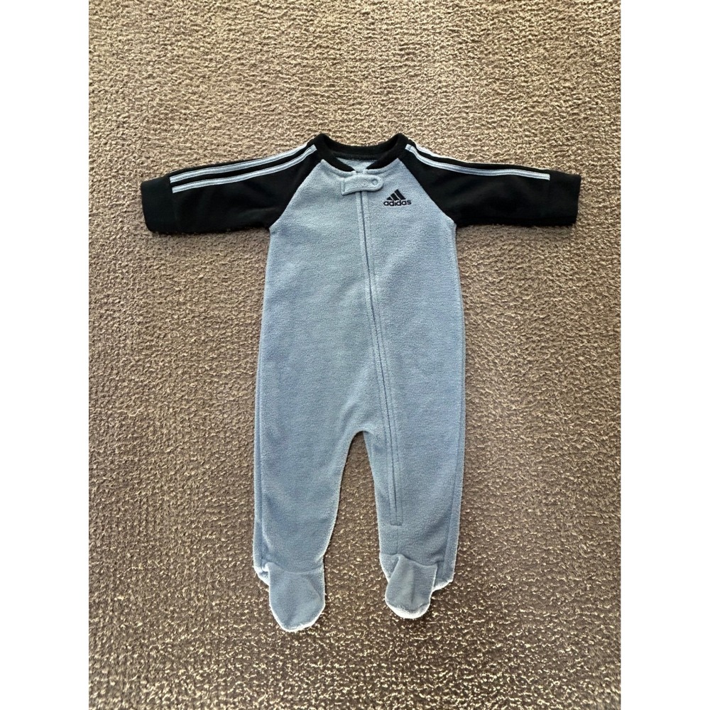 Adidas Baby Blue Black Fleece Zip Footed Coverall 3M Three Stripe Raglan Sleeves